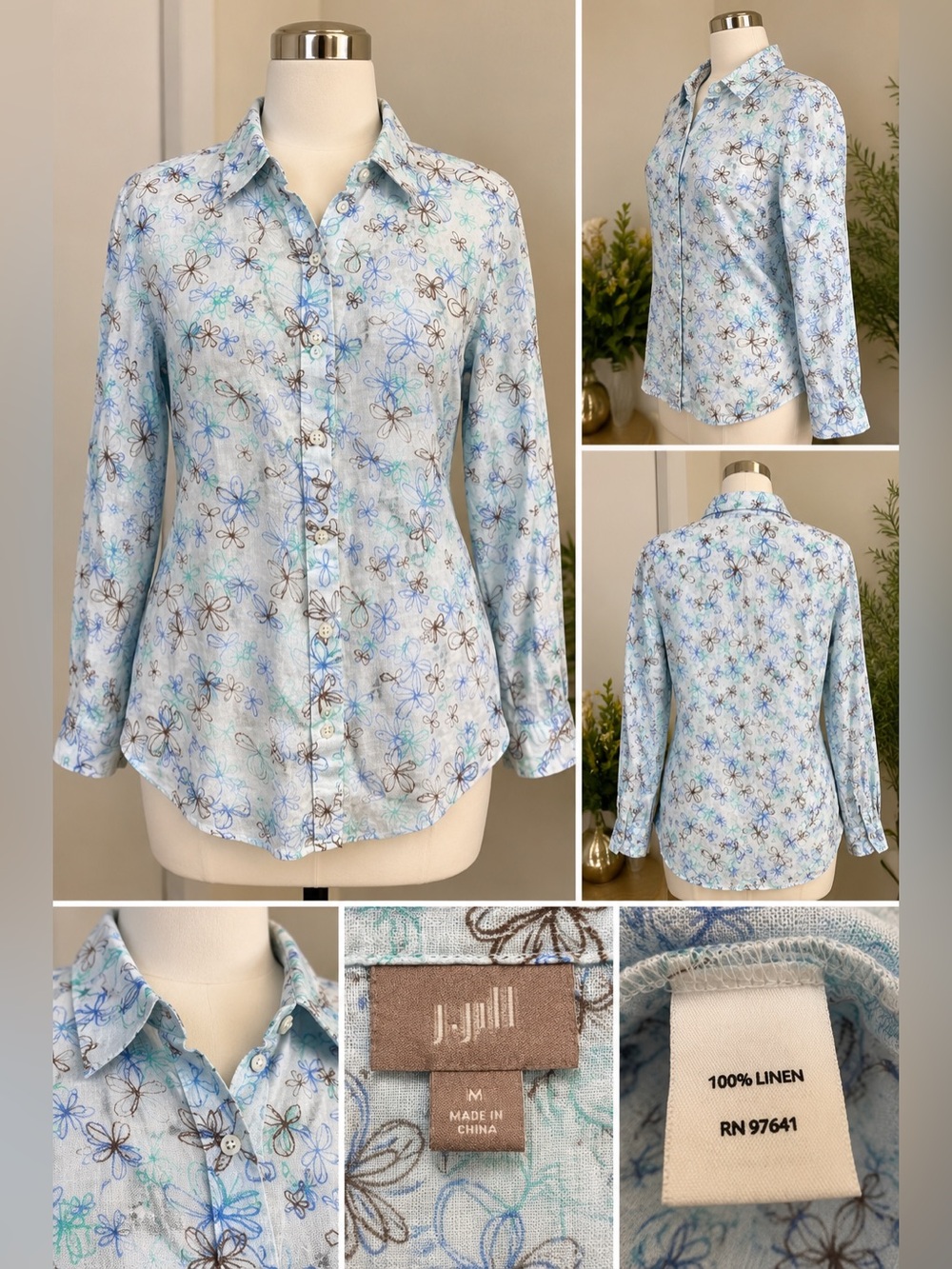 Jill 100% Linen Floral Button Front Long Sleeve Shirt Blouse M